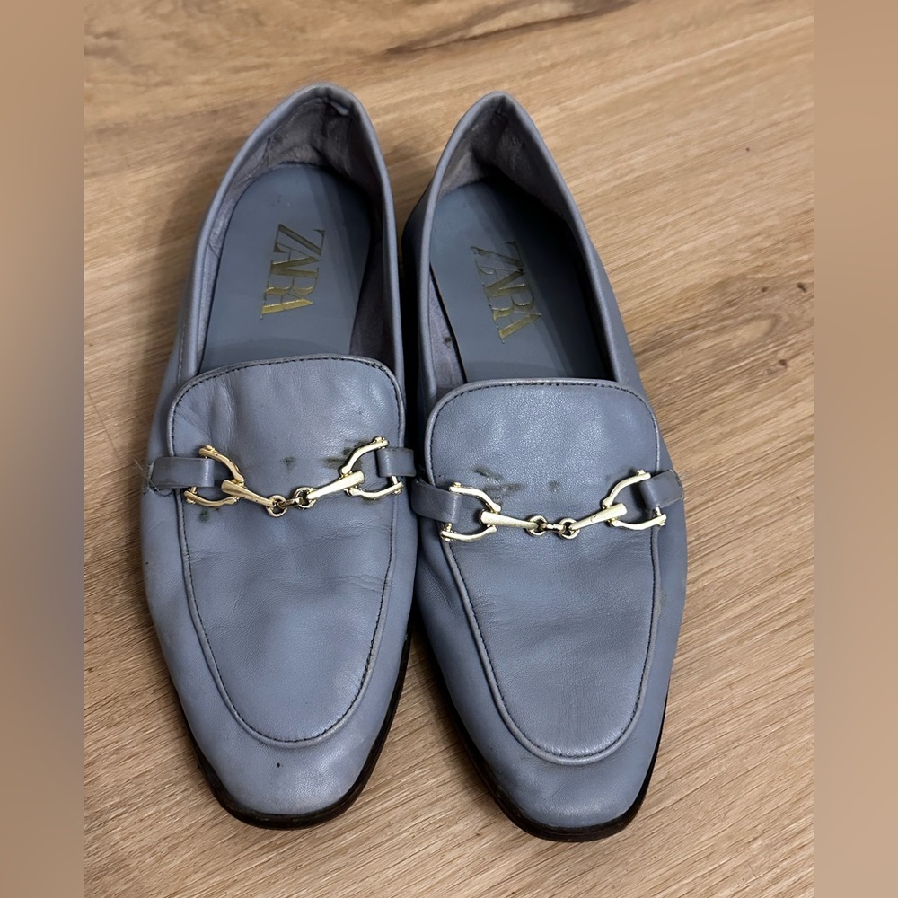 Zara Gray-Blue Leather Loafers with Gold Hardware